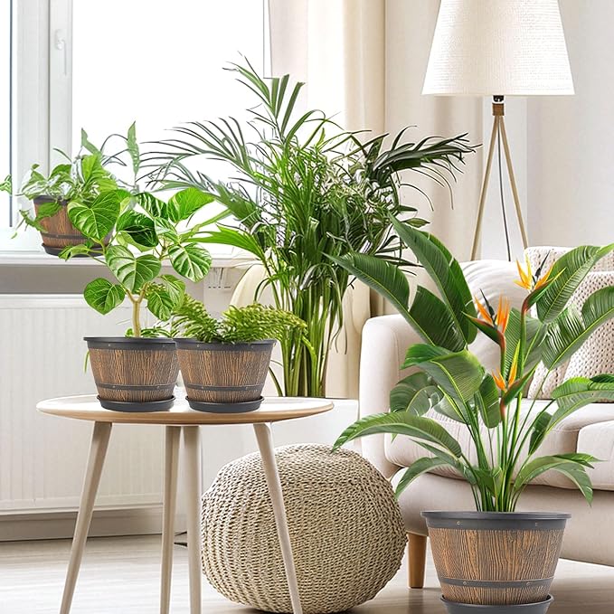 10-inch-Plant-Pots-Indoor-Outdoor, 4 Pack Whiskey Barrel Planters with Drainage Holes & Saucer, Plastic Flower Pots Imitation Wine Barrel Design, Decorative Garden Pots for Plants-HomvellaHome