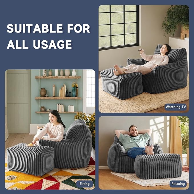 Giant Bean Bag Chairs for Adults, Oversized Chaise Lounge Chair Indoor with Memory Foam - Plush Boneless Lounger & Ottoman for Bedroom, Living Room, Gaming & Reading, Lazy Floor Sofa Chair, Gray-HomvellaHome