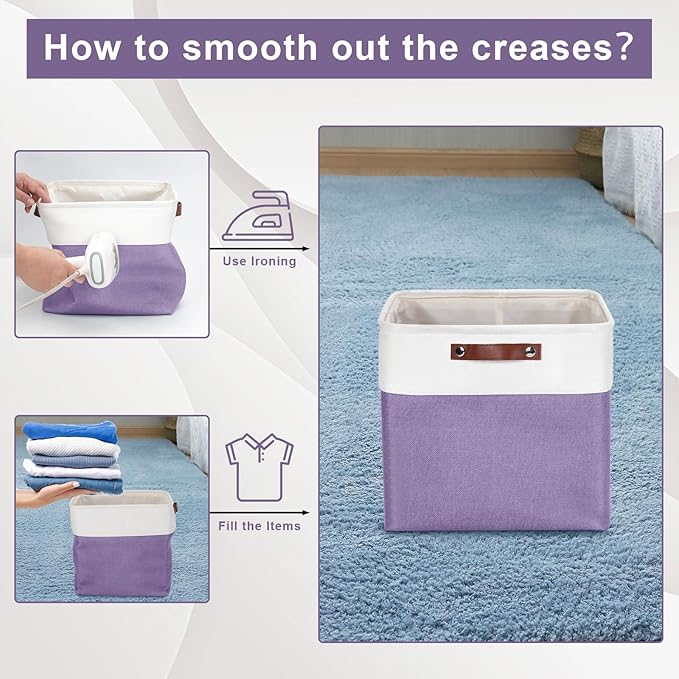 13x13 Cube Storage Bins, Collapsible Fabric Storage Box, 4 Pack Closet Baskets with Handles for Organizing, Shelf, Toys, Clothes, Home, Office, Nursery (Purple&White)-HomvellaHome