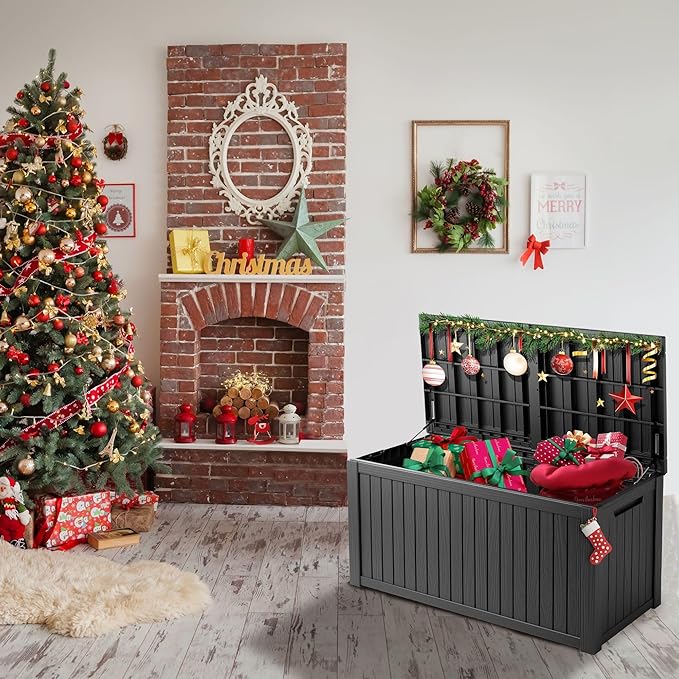 150 Gallon Outdoor Storage Box Patio Deck Box Waterproof, Resin Lockable Outside Large Storage Bin for Pool Cushion Furniture, Garden Tools UV-Resistant, Black-HomvellaHome