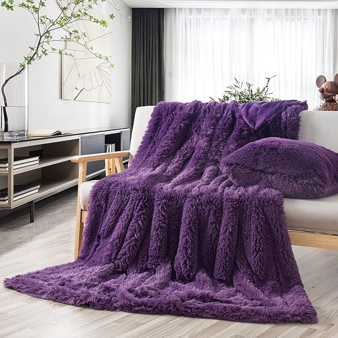 GONAAP Fuzzy Faux Fur Throw Blanket Purple Super Soft Cozy Plush Fuzzy Shaggy Blanket for Couch Sofa Bed (Purple, Throw(40"x50"))-HomvellaHome