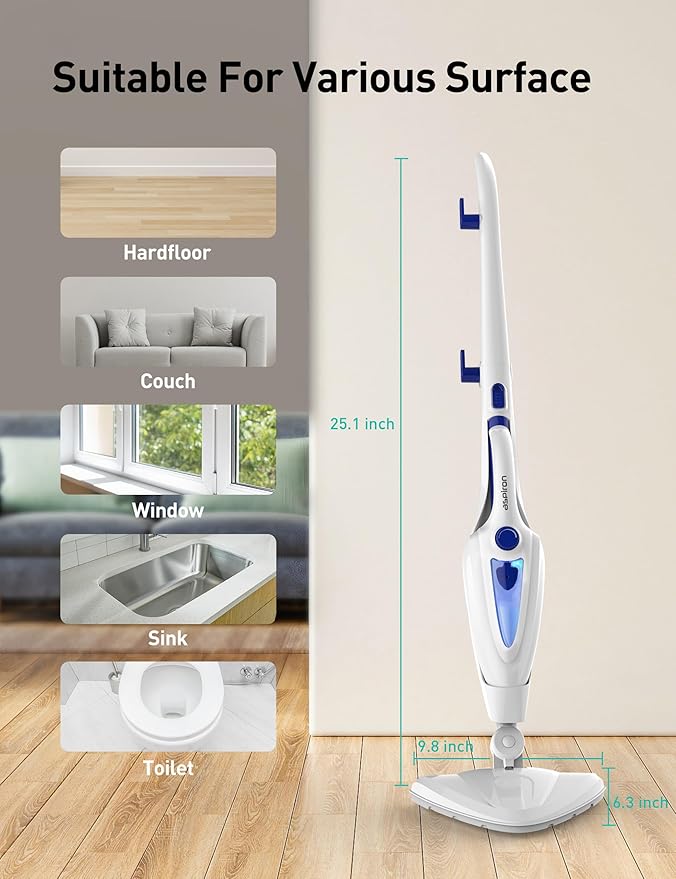 12-in-1 Steam Mop, Fast 15-Sec Heat-Up, 1500W Detachable Handheld Steam Cleaner with 2 Dirt Grip Pads, Removes 99.99% Stubborn Stains for Hardwood Floors, Clothes, Windows, Tiles, Furniture, Blue-HomvellaHome