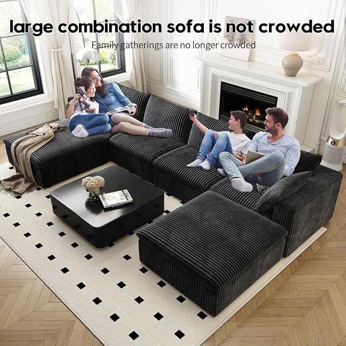 157.5" Cloud Couch Oversized Modular Sectional Sofa for Living Room,Modern Sofa with Deep Seat，U-Shape Boneless Couch with 2 Ottoman,Comfy Upholstered Couches for Apartment, Studio, Office,Black-HomvellaHome