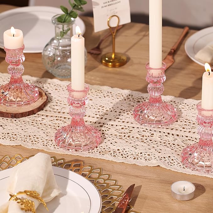 12PCS Pink Candlestick Holders Set- 4" H Taper Candle Holders, Glass Candle Holders Bulk for Wedding, Party, Home Table Centerpieces, Festival Gifts & Windowsill Decor-HomvellaHome