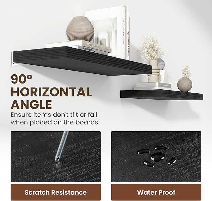 12 Inch Deep Floating Shelves, 24 Inch Long Floating Shelves for Wall, Floating Shelf with Invisible Brackets, Deep Shelves for Bathroom, Bedroom, Living Room, 2 Pack, Black-HomvellaHome