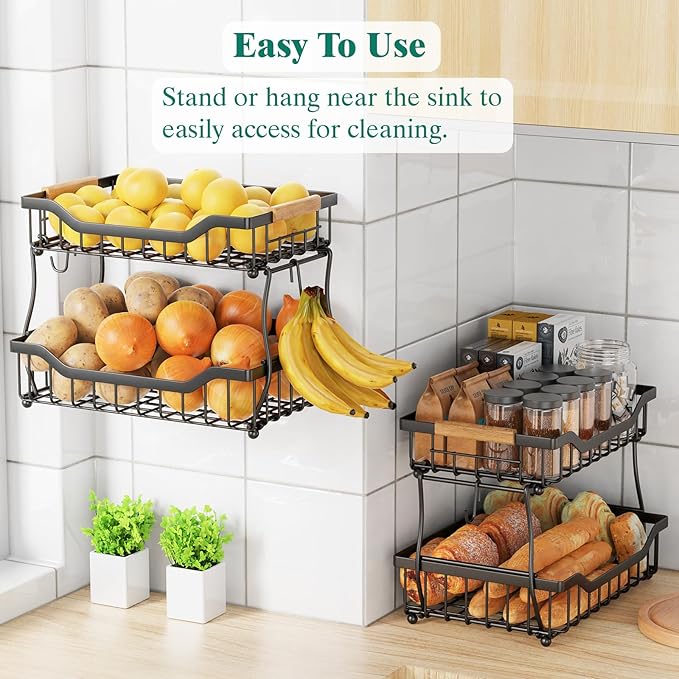 Giwil 2 Tier Countertop Fruit Basket for Kitchen, Vegetable Storage Bread Fruit Bowl Stand with 2 Banana Hangers, Wall Mounted Metal Wire Basket Organizer for Potato Onion, Black-HomvellaHome