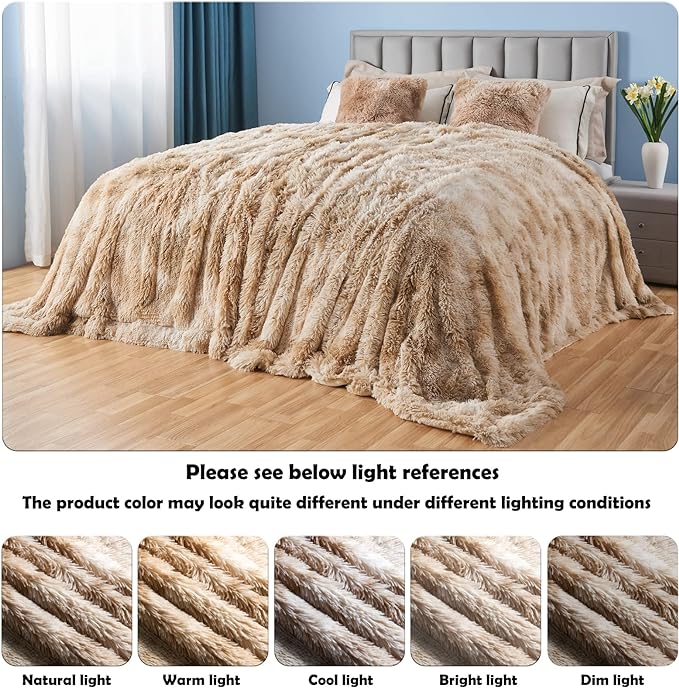 GONAAP Fuzzy Faux Fur Throw Blanket Queen Size Tie-dye Beige Super Soft Cozy Plush Fuzzy Shaggy Blanket for Couch Sofa Bed (Tie-dye Beige, Queen(90"x90"))-HomvellaHome