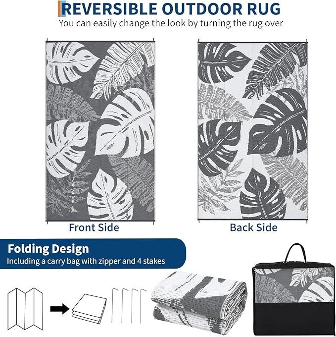 GAOMON Outdoor Rug 9x18 Waterproof Patio Rugs Reversible Outdoor Plastic Straw Rug Camping Mat, Foldable Portable RV Picnic Carpet with Bag & 4 Stakes, UV Resistant Carpet for Deck Balcony, Grey-HomvellaHome
