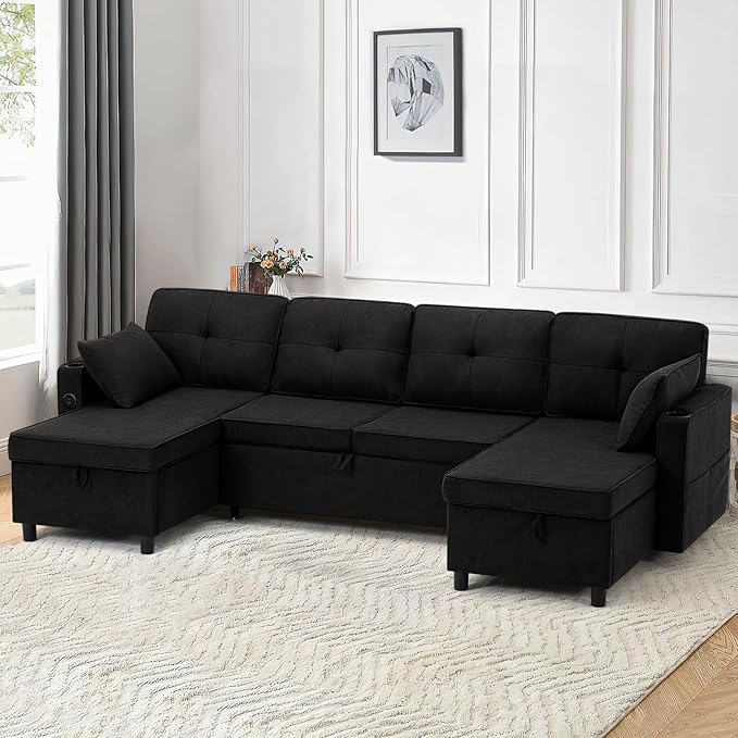 110 Inches Chenille Sectional Sofa w/Pull Out Sofa Bed & Adjustable Back, Tufted U Shaped Couch w/Two Storage Chaises, Sleeper Sectional Sofa w/USB Port & Cup Holders for Living Room, Black-HomvellaHome