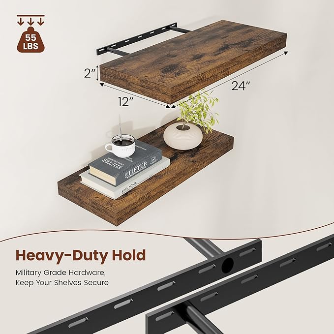 12" Deep Floating Shelves for Wall 24 Inches Long, Heavy Duty Wall Shelves for Bedroom Bathroom Kitchen Laundry Room, Farmhouse Rustic Shelves for Home Decor, 24" X 12" X 2" Set Of 2, Rustic Brown-HomvellaHome