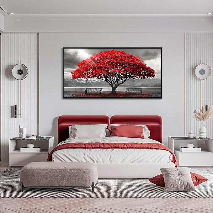 AJAZIKO Red Wall Art - Modern Framed Wall Art for Living Room - Red Tree Black and White Landscape Canvas Prints Posters & Prints for Home Office Bedroom Decorations - Large Wall Pictures 29×58IN-HomvellaHome