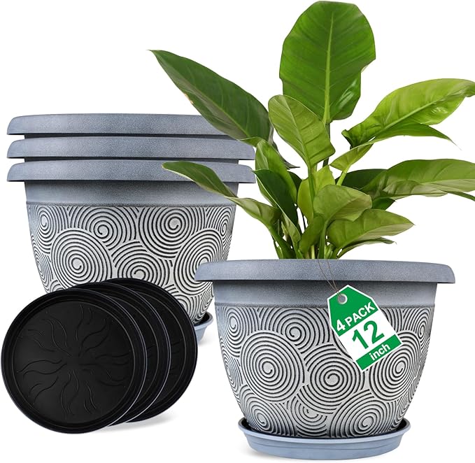 12 Inch Large Planter Pot for Plants Indoor Outdoor, 4 Pack Plastic Flower Pots with Drainage Hole & Tray, Modern Decorative Garden Pot with Saucer, Plant Container for House-HomvellaHome