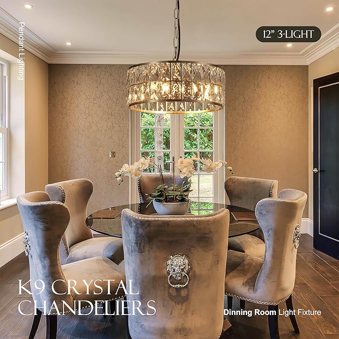 12” 3-Light Modern Crystal Chandeliers Nickel Dinning Room Light Fixture, Round Pendant Light Kitchen Island Chandelier, Flush Mount Ceiling Light for Living Room Entryway Bedroom Foyer-HomvellaHome