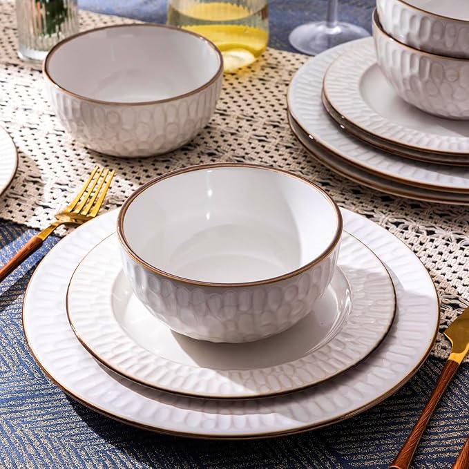 GBHOME Ceramic Dinnerware Sets,12 pcs Embossed Elegant Stoneware Plates and Bowls Sets, Housewarming Wedding Gift | Dishwasher & Microwave Safe | Dishes Set Service for 4-HomvellaHome