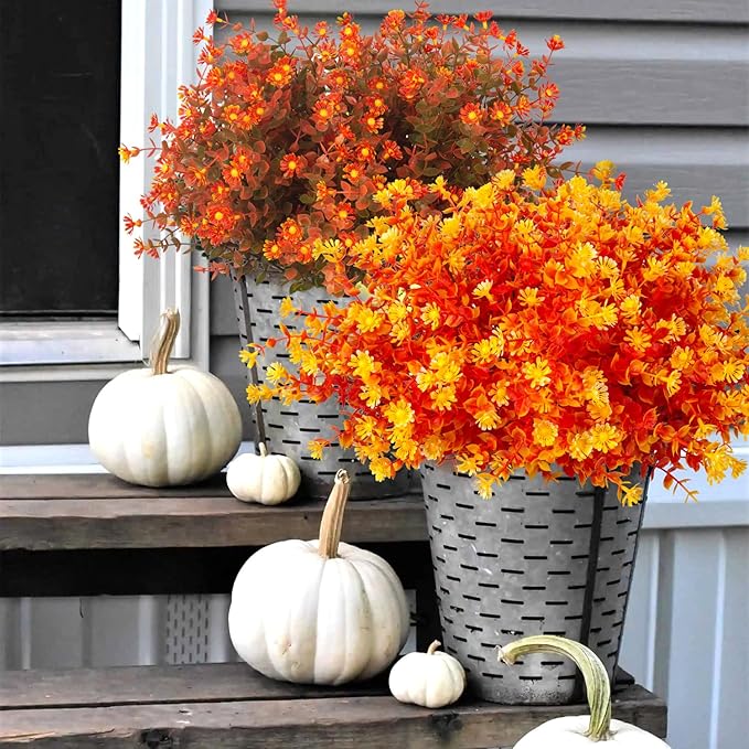 12 Bundles Artificial Fall Flowers No Fade Faux Autumn Plants, Fake Indoor Outdoor Greenery Decorations for Thanksgiving Christmas Wedding Party Home Garden Fireplace Décor (Fall Red)-HomvellaHome