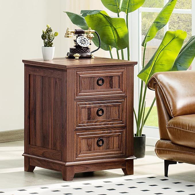 18" Farmhouse Night Stand with 3 Drawers, Wood End Table Dresser for Bedroom, Retro Nightstand, Bed Side Table with Metal Handle, Bedside Cabinet for Bedroom Living Room, Closet-HomvellaHome
