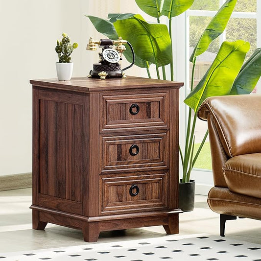 18" Farmhouse Night Stand with 3 Drawers, Wood End Table Dresser for Bedroom, Retro Nightstand, Bed Side Table with Metal Handle, Bedside Cabinet for Bedroom Living Room, Closet-HomvellaHome