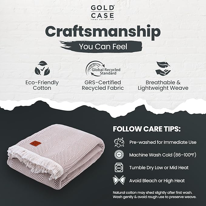 Gold Case Throw Blanket for Bed – 100% Recycled Turkish Cotton Bed Blanket – Decorative Throw Cotton Blankets for Living Room & Bedroom – Woven Twin Blankets - 71x90 - Elegant Beige-HomvellaHome