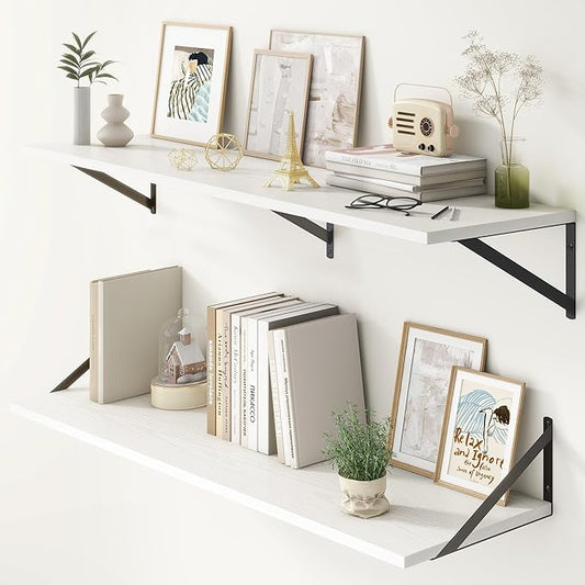 12 Inch Deep Floating Shelves, White Floating Shelves 48W x 12D, Deep Wall Shelves Bracket Set of 2, Large Display Hanging Floating Shelf for Bathroom, Living Room, Wide Storage Wooden Wall Shelf-HomvellaHome
