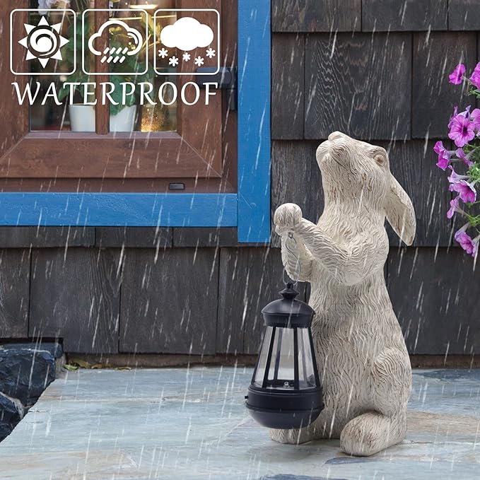 Garden Statues Rabbit with Solar Lights-Bunny Figurine Halloween Decorations Outdoor Rabbit Decor for Lawn,Balcony-Yard Art Garden&Patio Decor,Unique Housewarming&Birthday Gifts for Women Mom-HomvellaHome