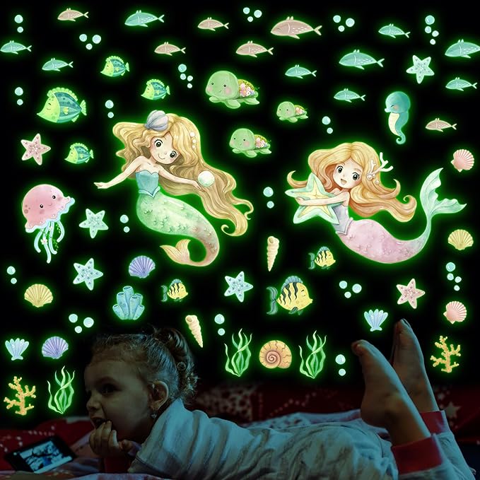 Glow in The Dark Stars Mermaid Wall Decals, Turtle Ocean Fish Stickers for Ceiling, DIY Wall Decor for Nursery Playroom Living Room, Birthday Christmas Gift-HomvellaHome