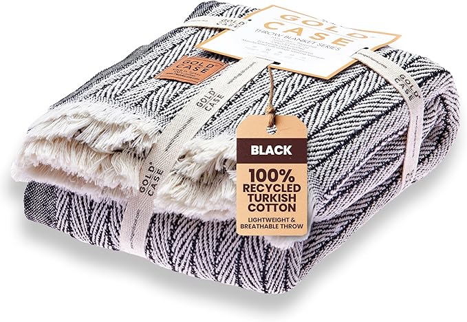 Gold Case Throw Blanket for Couch – 100% Recycled Turkish Cotton Blankets & Throws – Elegant Decorative Throw Blankets for Living Room Sofa – Woven Throws for Couch – Retro Black – 50x60-HomvellaHome