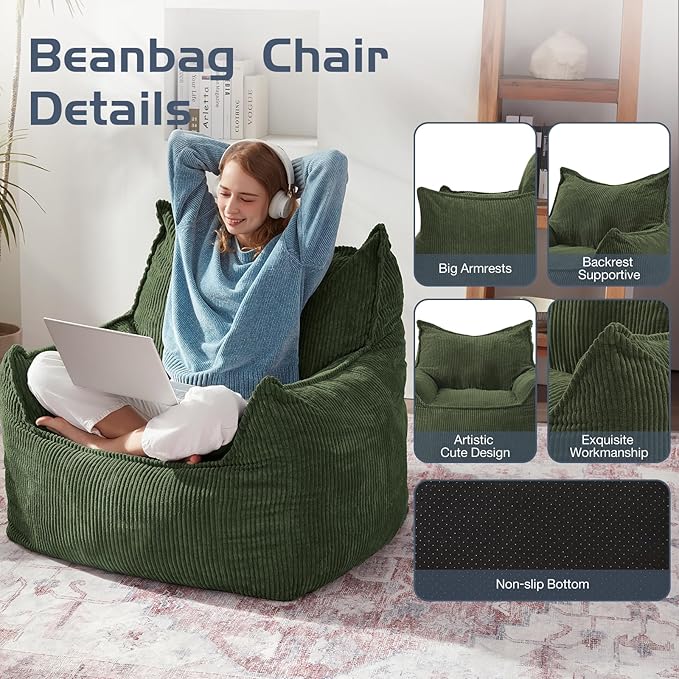 Giant Bean Bag Chair Sofa for Adults Teens, Comfy Corduroy Large Bean Bag Chairs with Armrests for Bedroom Living Room, Adult BeanBag Lazy Sofa Couch Chairs with Filler Included-HomvellaHome