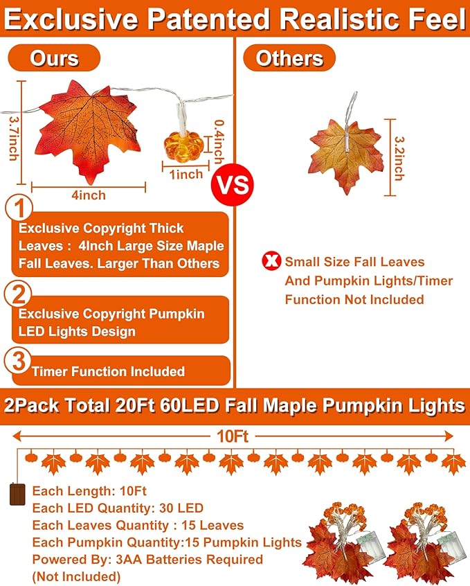 2 Pack & Timer - Fall Garland with Pumpkin Lights Halloween Fall Decor for Home 60LED 20Ft Enlarged Maples Leaves Halloween Garland Lights Indoor Battery Operated Thanksgiving Decor Wedding Christmas-HomvellaHome