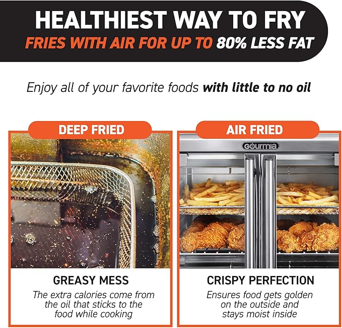 Gourmia Toaster Oven Air Fryer Combo 17 cooking presets 1700W french door digital air fryer oven 24L capacity accessories, convection rack, baking pan tray recipe book GTF7655,Large,Stainless Steel-HomvellaHome