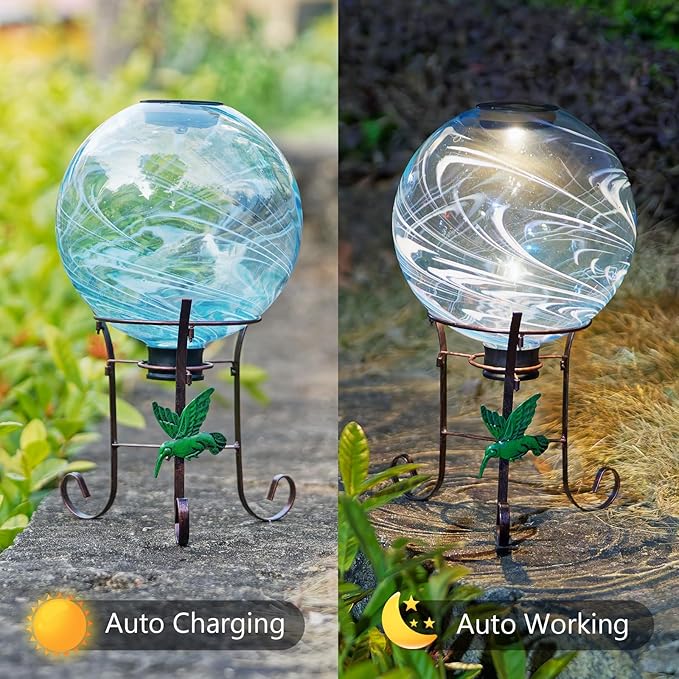 10 Inch Solar Glass Gazing Ball, with 9.4" Tall Metal Gazing Globe Stand, Solar Ball Lights Display Holder Set for Outdoor Garden Lawn Yard Decoration, Blue Water Ripple-HomvellaHome