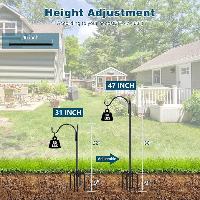 Gtongoko 47 inch Small Shepherds Hooks for Outdoor with 5 Prongs, Adjustable Bird Feeder Pole Garden Hooks for Hanging Lanterns, Plants Baskets, Hummingbird Feeders, 1 Pack-HomvellaHome