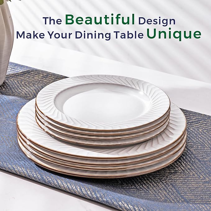 GBHOME Ceramic Dinnerware Sets,12 pcs Embossed Elegant Stoneware Plates and Bowls Sets, Housewarming Wedding Gift | Dishwasher & Microwave Safe | Dishes Set Service for 4-HomvellaHome