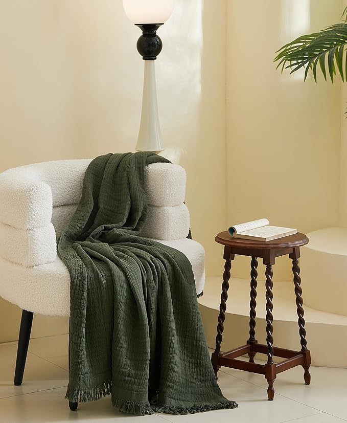 100% Cotton Muslin Throw Blanket for Bed, Couch, Small, Decorative, Soft, Pre-Washed, Breathable and Lightweight Gauze Blanket with Tassels, Suitable for All Seasons, Olive Green, 50"x60"-HomvellaHome