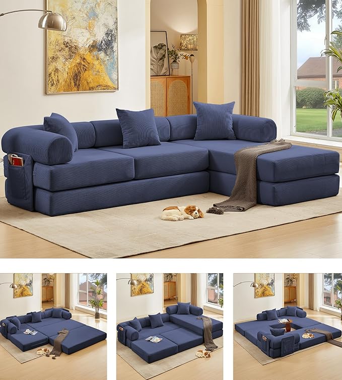 107" Oversized Convertible Sleeper Sofa Bed, Corduroy L Shape Sectional Couch, Folding Sofa Bed with Side Pocket, Modern Cloud Floor Mattress Couch,Modular Sofa for Living Room,Dark Blue-HomvellaHome