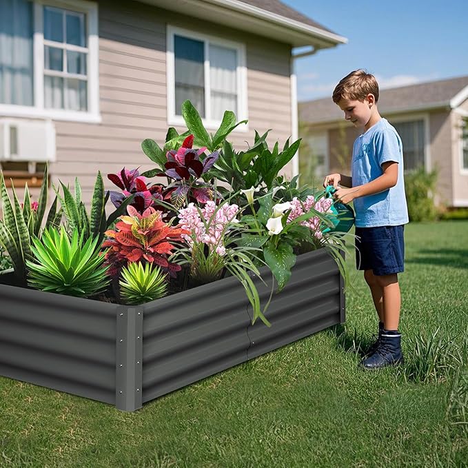 Galvanized Raised Garden Bed Outdoor, 2 Pcs 6x3x1FT Outdoor Large Planter Raised Beds Open Base with Safety Edge and Glove for Vegetables Flowers Ground Planter, Dark Gray-HomvellaHome