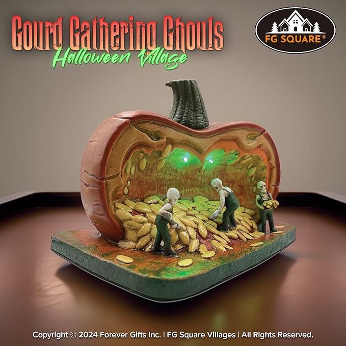 Gourd Gathering Ghouls Pumpkin Theme Spooky Halloween Village Porcelain Colorful LED Lights 7.75" x 6" x 5.75"-HomvellaHome