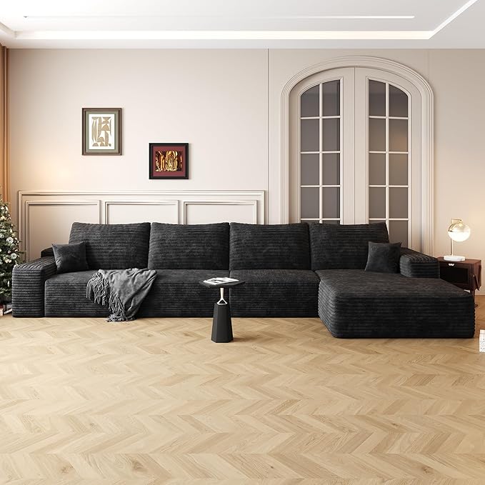 136" Sectional Couches for Living Room Modern Modular Sofa with L-Shape Couchs Upholstered Boneless Couch Deep Seat Sectional Couch with Chaise (Black, Right Facing Chaise+3Seaters)-HomvellaHome