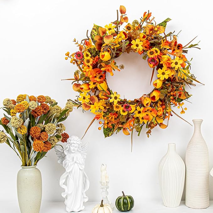 18 Inches Fall Wreaths for Front Door Rustic Autumn Wreath Farmhouse Fall Floral Wreaths with Tulips Phalaenopsis Orange Wildflowers for Wall Window Porch Indoor Outside Decor-HomvellaHome