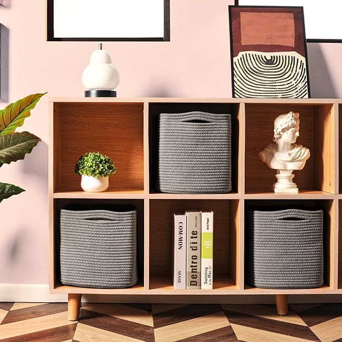 11 Inch Cube Storage Bins, Storage Cube Organizer Bins, Woven Cotton Rope Basket for Storage, Storage Baskets for Organizing Shelves, Grey Baskets for Toys Nursery, Grey (Pack of 3)-HomvellaHome