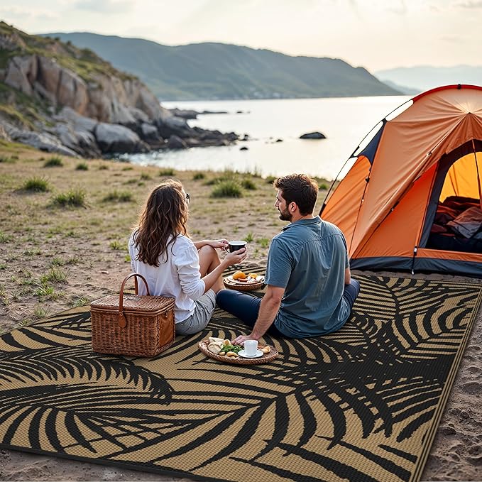 GENIMO Outdoor Rug 5' x 8' Waterproof for Patio Clearance, Reversible Plastic Straw Camping Carpet, Lightweight Mats for Rv, Backyard, Deck, Porch, Picnic, Beach, Balcony, Black & Brown-HomvellaHome
