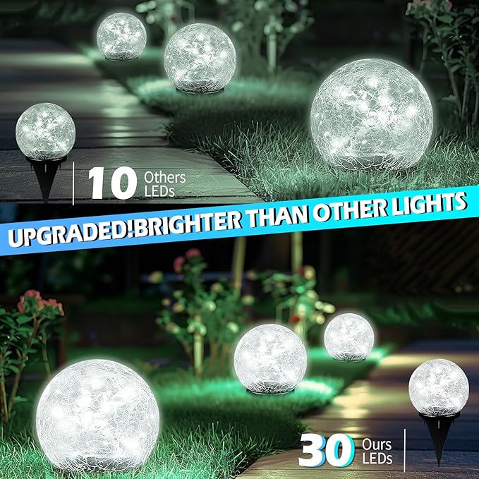 Garden Solar Ball Lights Outdoor Waterproof, 30 LED Cracked Glass Globe Solar Power Ground Lights for Path Yard Patio Lawn, Christmas Decoration Landscape White(2 Pack 3.9'')-HomvellaHome