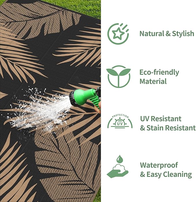 GENIMO Outdoor Rug 2.5' x 8' Waterproof for Patios Clearance, Reversible Outdoor Plastic Straw Camping Rug Carpet, Large Area Rugs Mats for RV, Camper, Deck, Balcony, Porch, Beach, Picnic, Black&Brown-HomvellaHome