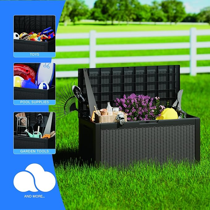 100 Gallon Double-Wall Resin Deck Box - Lockable Waterproof Outdoor Storage Box, 1000lbs Capacity & Doubles as Seating for Patio Furniture - Garden Tools, Pool Accessories (Black)-HomvellaHome