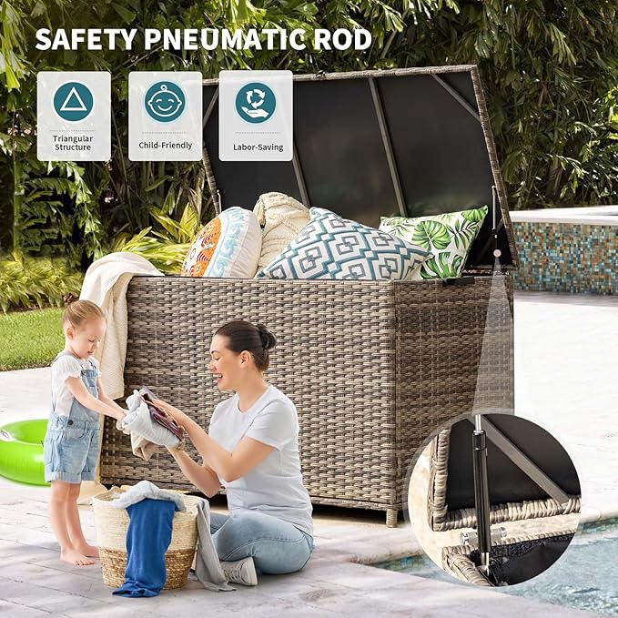 178 Gallon Outdoor Storage Box, Patio Deck Box with 2 Wheels, Handle Large Portable Wicker Rattan Deck Box for Patio Furniture Cushions, Throw Pillows, Garden Tools and Pool Floats (Gray)-HomvellaHome