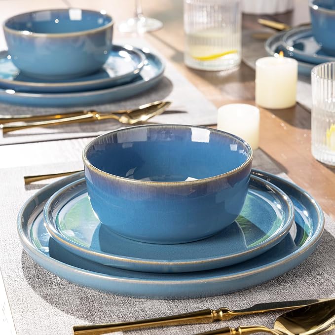 GBHOME Ceramic Dinnerware Sets for 4, 12 Pieces Stoneware Plates and Bowls Sets, Reactive Glaze Dishes -Scratch Resistant, Dishwasher&Microwave Safe-Alaskan Blue-HomvellaHome