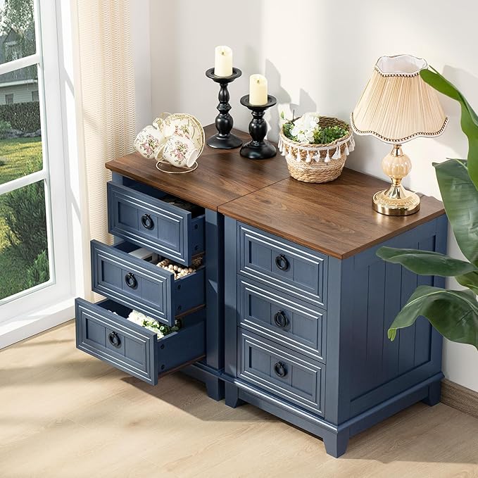 18" Farmhouse Night Stand with 3 Drawers, Wood End Table Dresser for Bedroom, Navy Blue Nightstand, Bed Side Table with Metal Handle, Bedside Cabinet for Bedroom Living Room, Closet-HomvellaHome