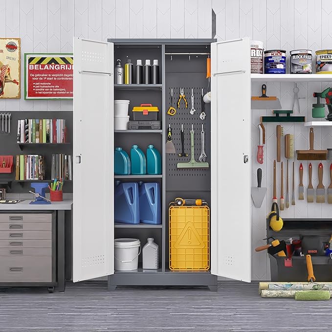 Garage Storage Cabinet,Broom Closet with Lock,Locking Cabinets with Hanging Rod & S-Hooks for School,Garage,Grey-White-HomvellaHome