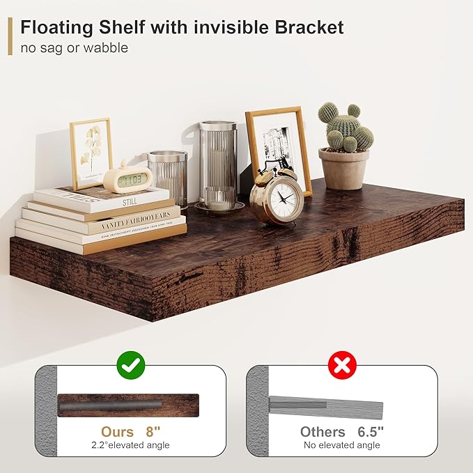 12" Deep Rustic Brown Floating Shelves,Over Toilet Long Wall Mounted Modern Farmhouse 36 inches,Wall Shelves with Invisible Brackets for Bedroom, Bathroom, Living Room, Kitchen, Set of 1-HomvellaHome