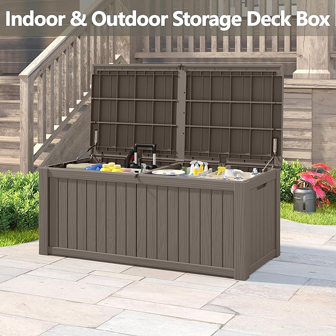150 Gallon Resin Deck Box, Large Indoor and Outdoor Storage Box, Weatherproof and UV Resistant Outdoor Storage Box with Built-in Steel Beams for Patio, Cushions, Pool Supplies-HomvellaHome