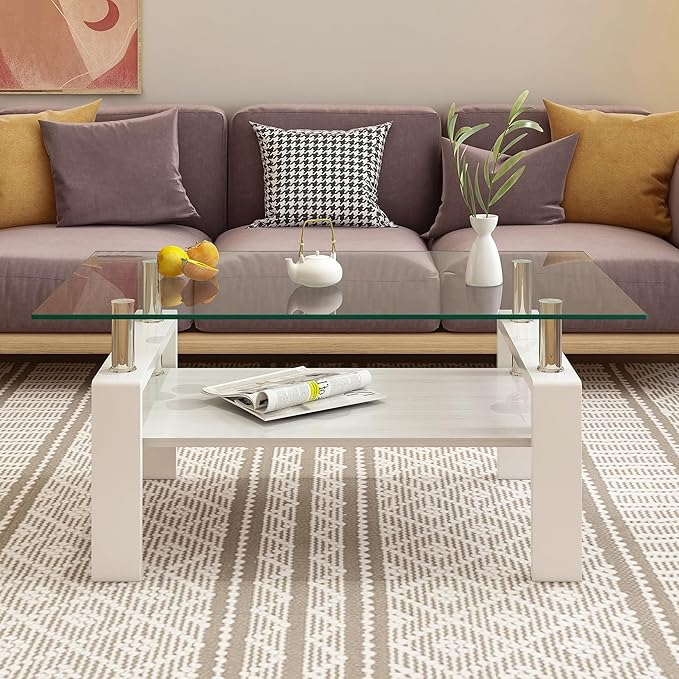 Glass Coffee Table Rectangle Living Room Center Table, with Transparent Tempered Glass Tabletop and White MDF Layer,for Living Room and Office, Transparent +White-HomvellaHome